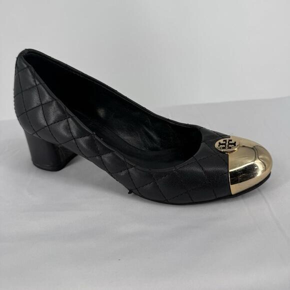 Tory Burch shoes womens 5 black quilted leather pumps gold cap toe designer - Picture 1 of 8